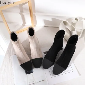 

2019 autumn new high-heeled boots women fashion simple color matching square toe thick heel suede comfortable casual boots