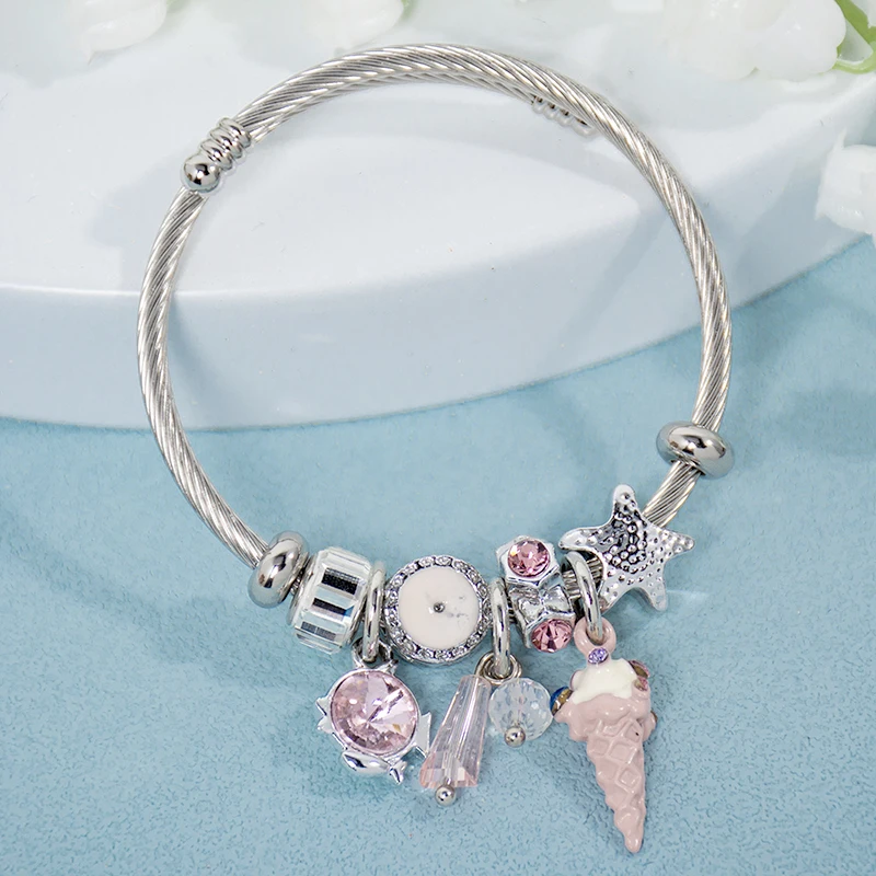 

2021 Fashion Stainless Steel Silver Color Crystal Ice Cream Charms Bracelets For Women Jewelry Korean Open Pulseiras Feminina