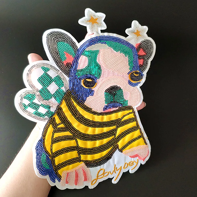 

29CM Cartoon Dog Bee Iron On Patches For Clothing Sequins Biker Badge Embroidery Sequined Patch Clothes Stickers Strange things