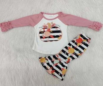 

Kids fashion baby little girls fall long icing ruffle sleeve floral pumpkin bell bottom pants outfits clothing sets