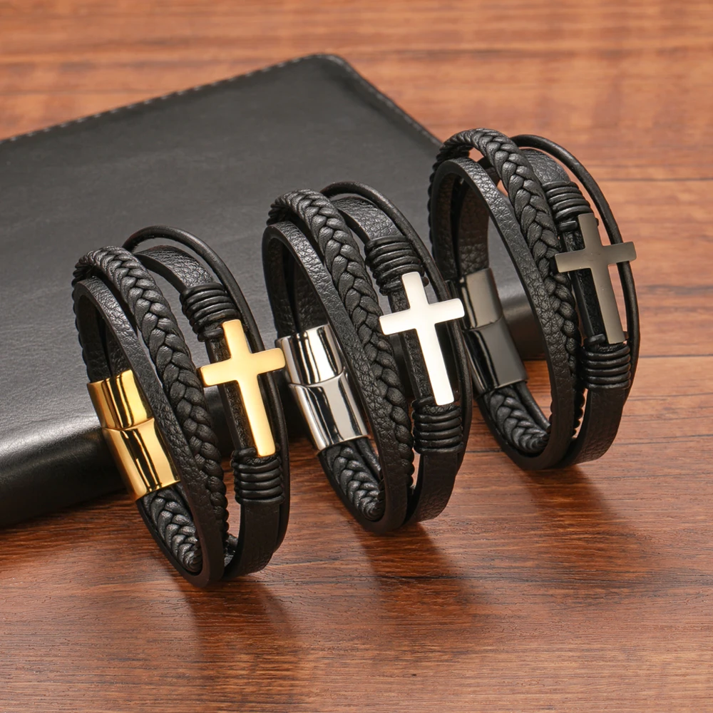 Fashion Multi Layer Stainless Steel Black Cross Leather Bracelet for Men Women Classic Christian Prayer Christmas Gift - Image 5