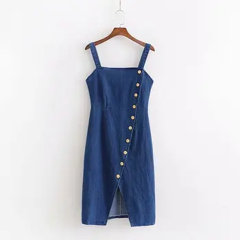 

Xd49-2800 European and American fashion single breasted elastic denim suspenderWomen dress vestidos de verano summer dress