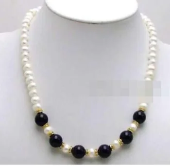 

7-8mm Round White Natural Freshwater Pearl & 12mm Black Jade 17'' Necklace-n5360