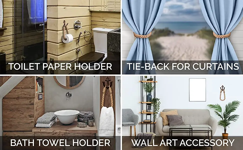 Nautical Rope Toilet Paper Holder Antique Bathroom Towel Holder Tie-Back Curtain Rack Wall Mounted Metal Anchor Hook Design