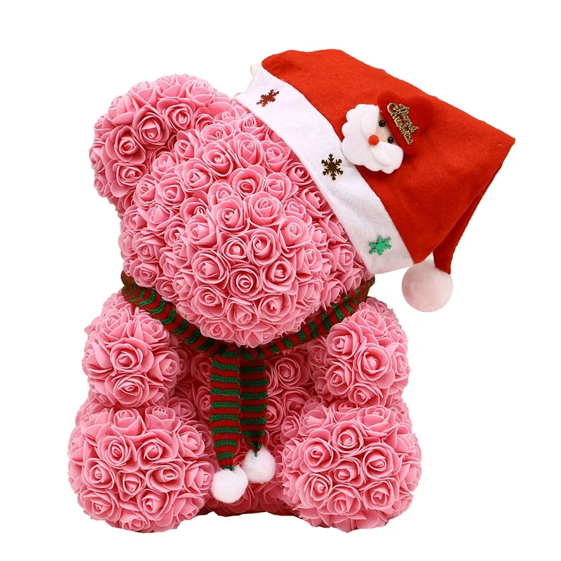 25cm Christmas PE Bear of Roses Bear Rose Flower Artificial New Year Gifts for Women Valentines Gift - Цвет: DeepPink