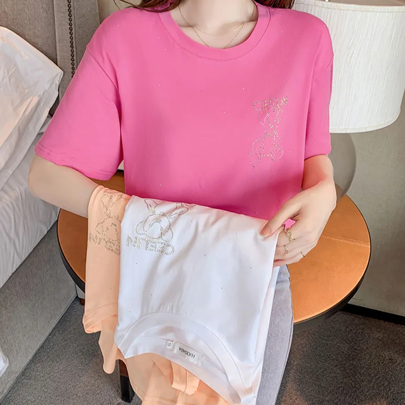 

GGRIGHT New 2021 Summer Cotton Tops Woman T-shirt Printed Diamond Tee Shirt Pink Short Sleeve Tshirt Women Kawaii Clothes