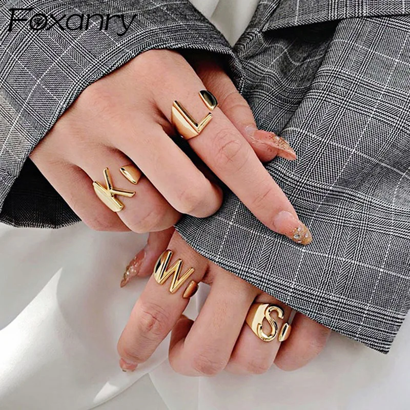 Foxanry-anillos con letras en inglés para mujer, Plata de Ley 925, 26, chapado en oro Vintage francés Irregular, regalos de joyería para fiesta