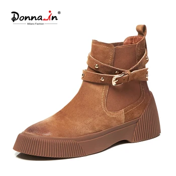 

Donna-in Platform Ankle Boots Women Genuine Suede Autumn 2020 Fashion Rivet Buckle Leather Chelsea Boots Women Brown Black Shoes
