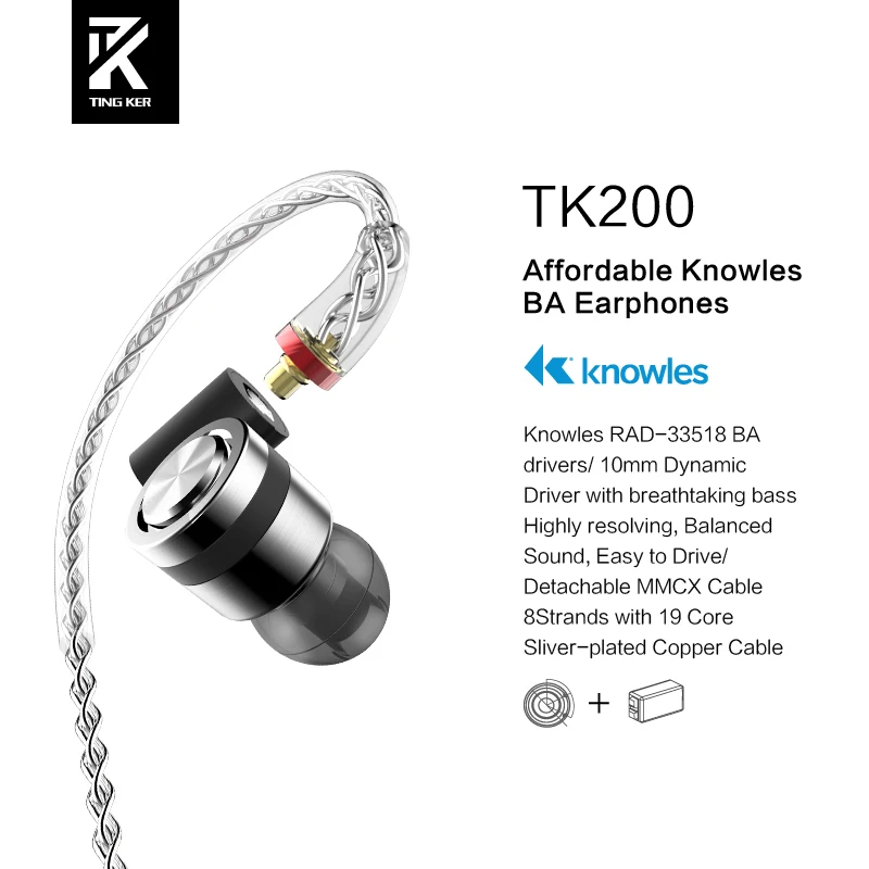 

Tingker TK200 HiFi Stereo 1BA(Knowles)+1Dynamic Hybrid Earphones IEM with MMCX Detachable Cables with Deep bass