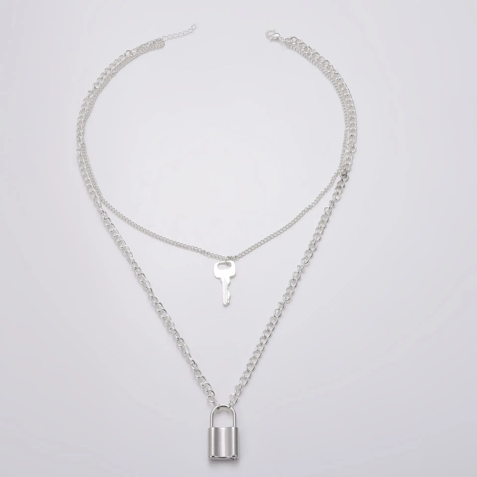 Silver Color Новинка, цепочка для ключей, подвеска, ожерелье для женщин, серебряный замок, ожерелье, многослойная цепочка на шею, с замком, цепочка в стиле панк, ювелирное изделие - Окраска металла: Silver Color