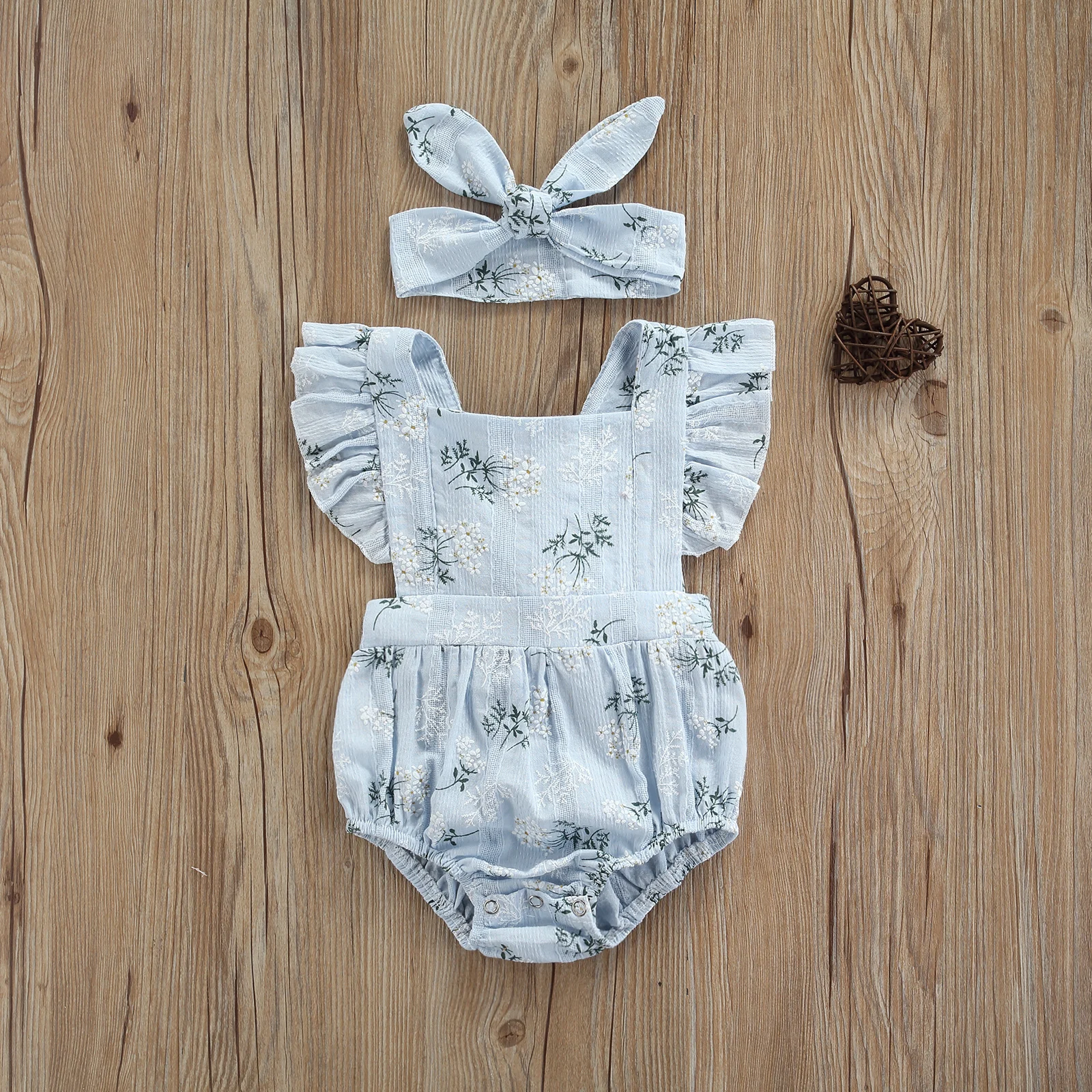 Infant Lace Romper + Bow Turban, Flower Print Elastic Sweet Style