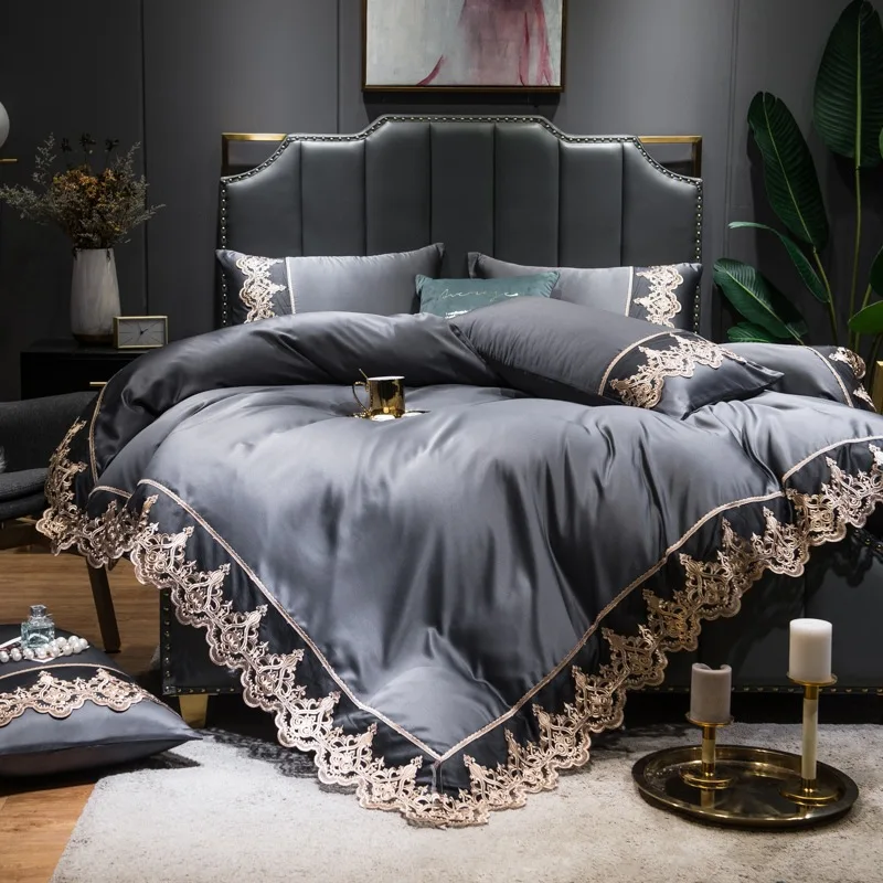 Hot Sale Solid Color Quilt Covers Set Bedding Set with Flat Sheet 2/3/4Pcs Popular Lace  Duvet Cover+ Pillowcase