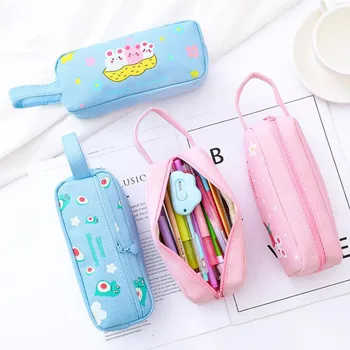 

Canvas Pencil Case Creative Double Layer Pencil Case Simple Text Portable Large Capacity Pencil Bag Student Storage Stationery