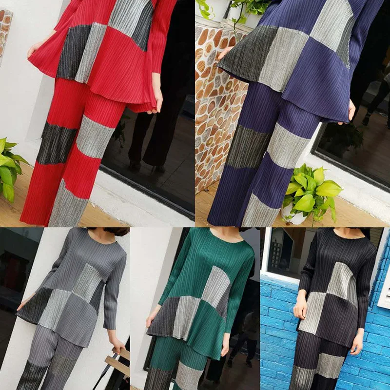 Осенний модный свободный костюм MIYAKE женский топ с длинными рукавами+ штаны комплект из двух предметов