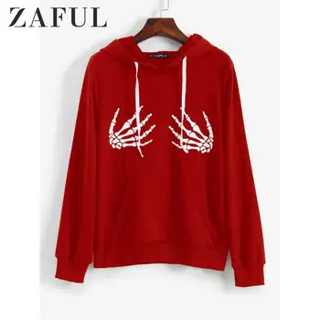 

ZAFUL Halloween Skeleton Hoodie Sweatshirt Pockets Embellishment Full Sleeves Autumn Winter Wearing Popular Skull Hooded 2019