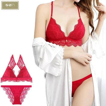 

Women Sexy Sweet triangle Bra Panty Set Lace Front Closure Seamless Push Up Underwear Briefs Lady Ultrathin Lingerie Sets