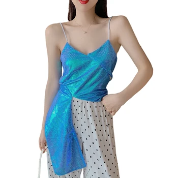 

2 Piece Set Women Sexy blue Crop Tops Spaghetti Strap cropped Camisole Sequined Top And polka dot Straight Leg Pants Suits 2020