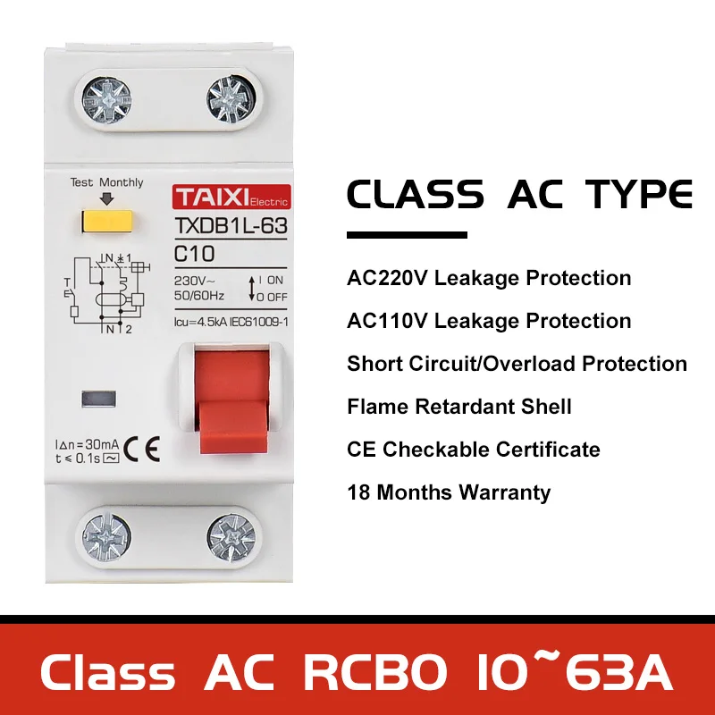 Type A  AC CLASS Rcbo 110V 220V RCCB 10A 20A 40A 50A 63A 30mA Residual Current Circuit Breaker Leakage WIth Overload Protection