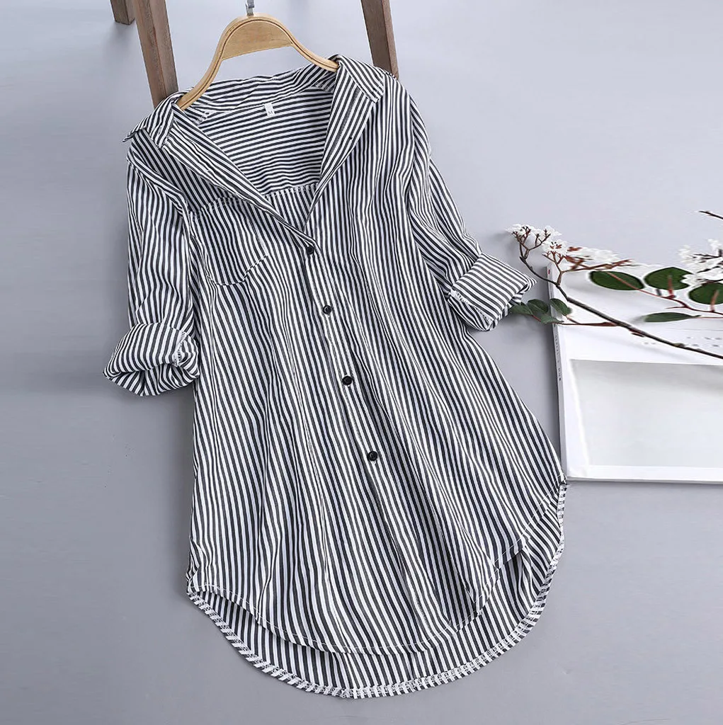 Blusa de talla grande a rayas para otoño, camisa de encaje con botones y cuello de pico, manga larga, 5XL