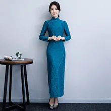 Осеннее и зимнее кружевное длинное вечернее платье Cheongsam с длинным рукавом, приталенное модное улучшенное платье для женщин среднего возраста Banq