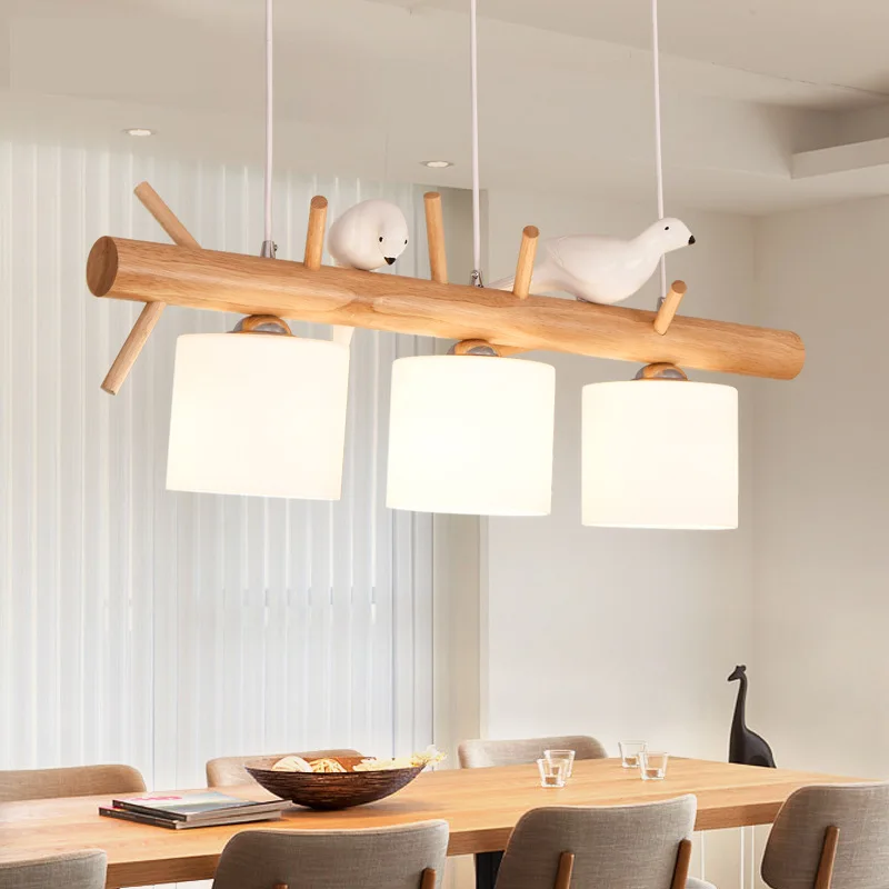 

Nordic Personality Bird Restaurant Chandelier Solid Wood Long Strip White Glass LED Chandelier 2/3 Heads Living Room Study Lamp