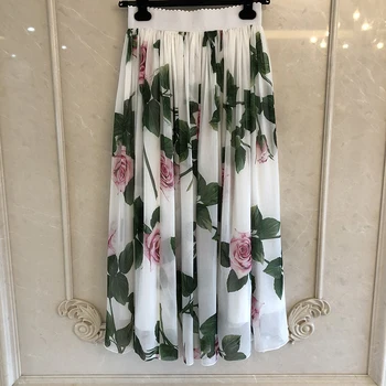 

Women Skirts High Waist A-Line Mesh Skirts 2020 Floral Print Long Skirt Spring