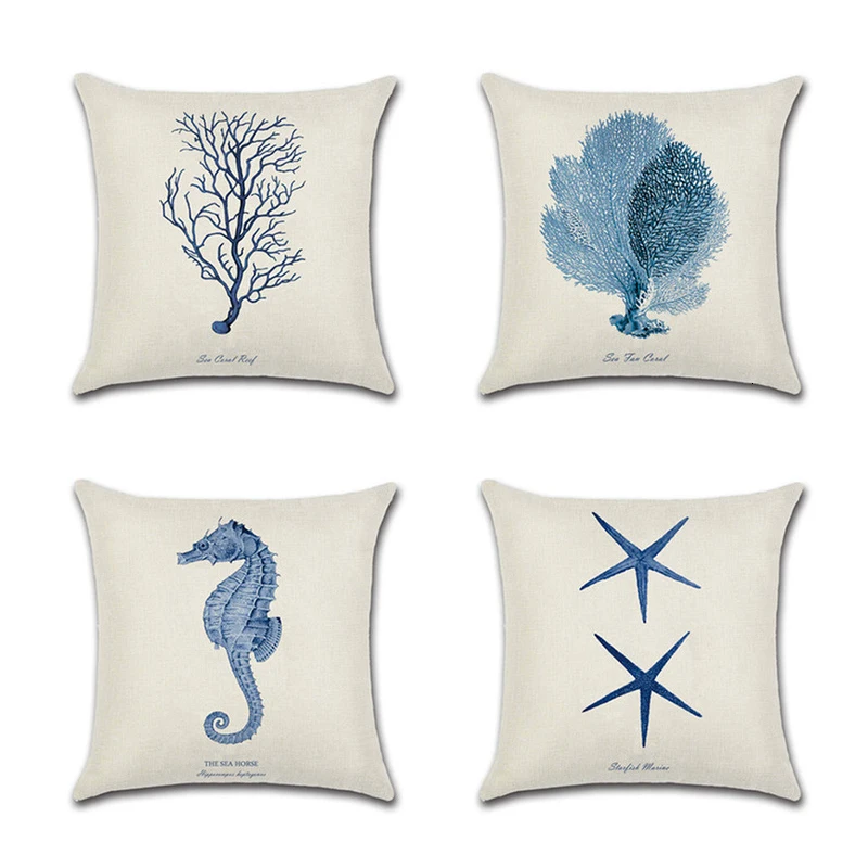 

Mediterranean Throw Pillow Case 45*45cm Nautical Sea Theme Decorative Square Linen and Cotton Coastal Cushion Cover 45*45cm