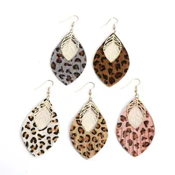 

E7706 ZWPON Metal Cutout Leaf Genuine Leather Leopard Earrings for Women 2020 Fall Earrings Cheetah Earrings Jewelry Wholesale
