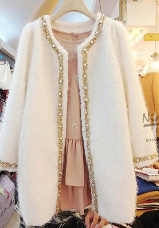 White Spring Fashion New Korea Womens Pearl Round Collar Jackets Female Brand Wool Blend Slim Fit Long Coat Beads Jacket Trench - Color: White