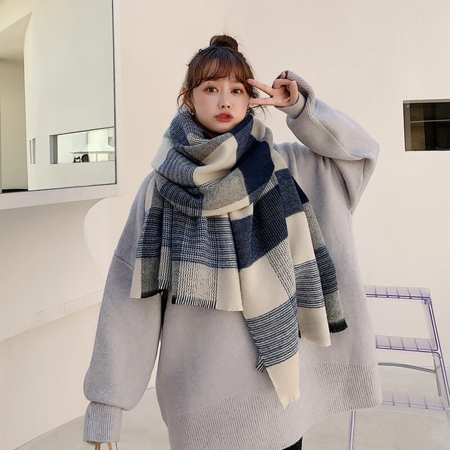 Sciarpa calda sciarpe donna per collo 2023 scialle invernale da donna Plaid  blu collo caldo spesso sciarpe di lusso da donna alla moda coreana _ -  AliExpress Mobile