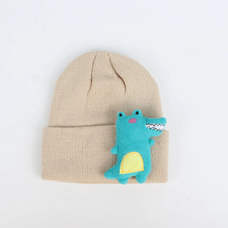 Зимние новые стильные детские плотные вязанные шапочки Skullies с динозавром из мультфильма, шапка бини для мальчиков и девочек 11 - Цвет: Бежевый