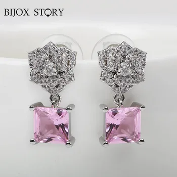 

BIJOX STORY fashion female earrings 925 sterling silver with geometric shaped pink zircon drop earrings for wedding party gifts