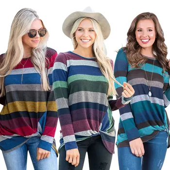 

2019 Autumn T-shirt Striped Long Sleeve Irregular Knot T Shirts Women Streetwear O Neck Top Tee