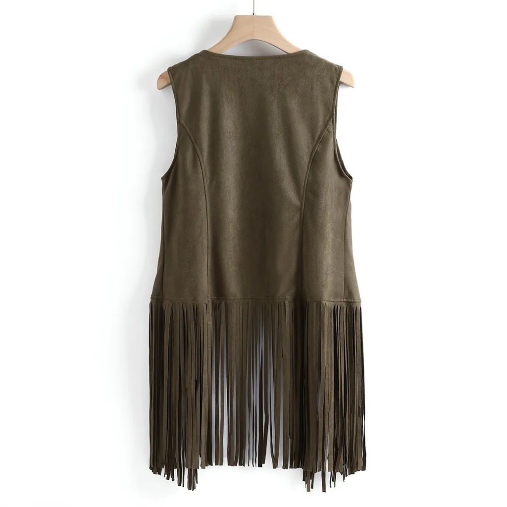 Women Autumn Winter Suede Ethnic Sleeveless Tassels Fringed Vest Cardigan