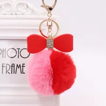 Стиль Лидер продаж разноцветные из искусственного меха кролика рекса с бальное платье с бантом ключевая цепь кулон двойной Цвет искусственный мех кролика рекс помпоном; милые туфли ключ "Помпон" кольцо