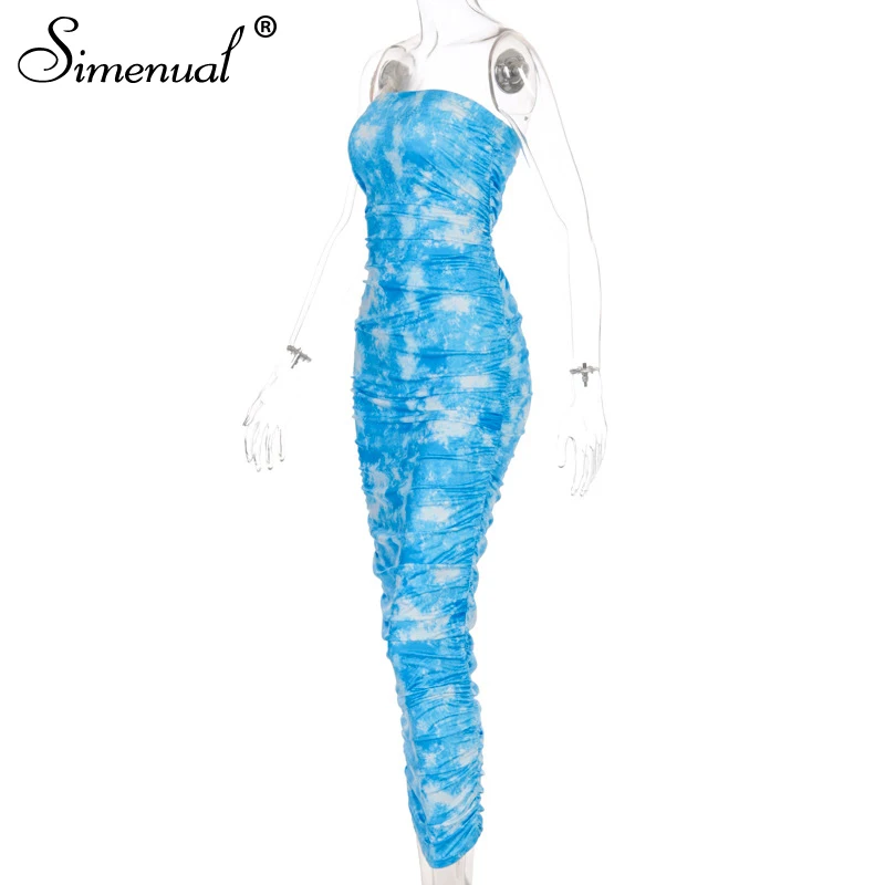 Simenual Tie Dye Ruched Strapless Maxi Dresses Women 2020 Summer Fashion Skinny Bodycon Clubwear Sexy Hot Party Dress Wrap Chest