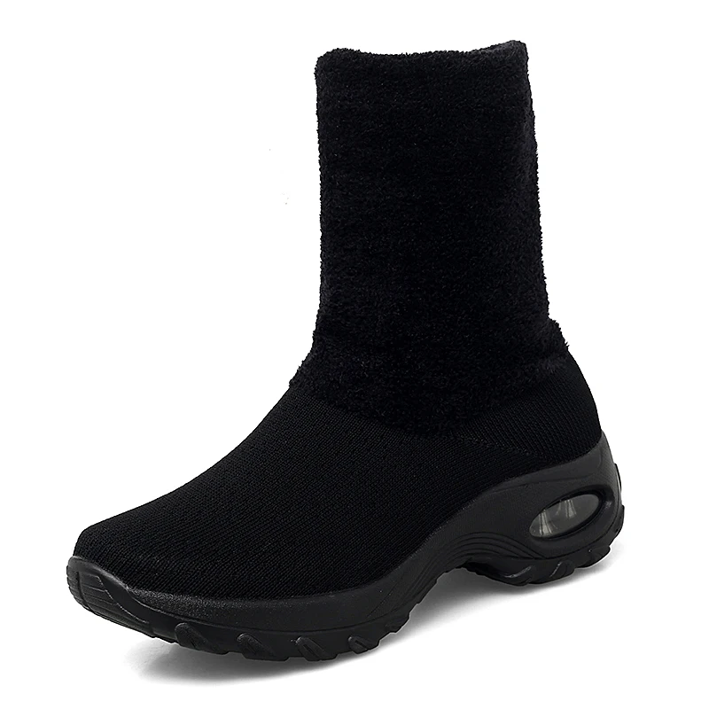 Женские зимние носки, кроссовки FlyKnit, женские кроссовки с высоким берцем, женские зимние ботильоны, плюшевая теплая амортизирующая прогулочная обувь 43 - Цвет: Black