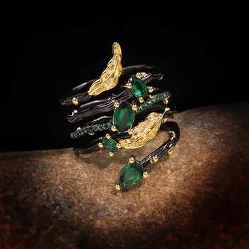 

CHARLINLIOL Luxury 925 Sterling Silver Emerald Rings for Women Vintage Branch Vine ulti-layer Statement Ring Italian Jewelry