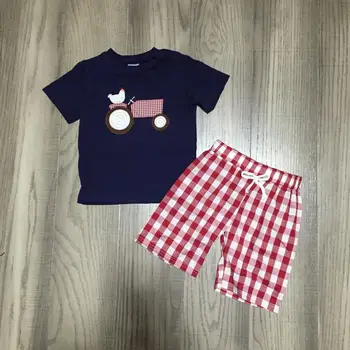 

baby boy summer outfit boys farm clothes chick chook shirt with red plaid shorts children farm clothing