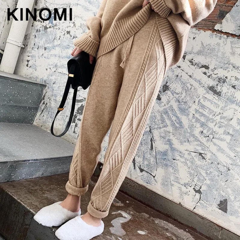 KINOMI, осень, зима, утолщенные, вязаные, женские шаровары, повседневные, на завязках, скрученные, вязаные штаны, шикарный, теплый, женский свитер, брюки