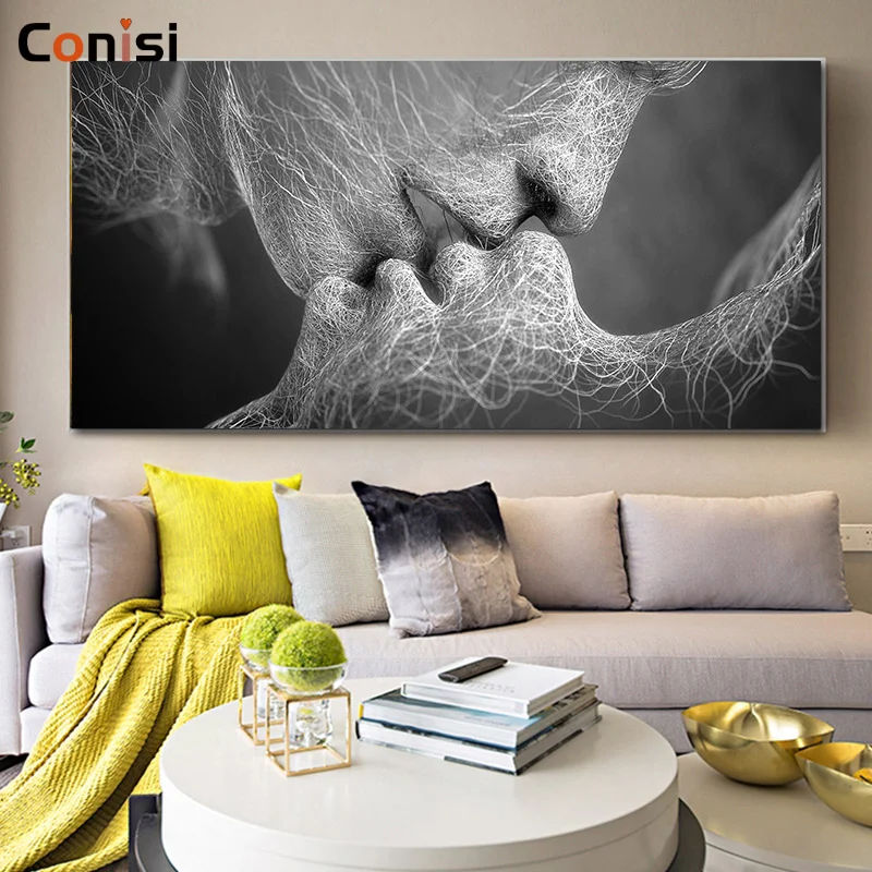 Conisi Black&White Love Kiss Abstract Canvas Painting Poster Wall