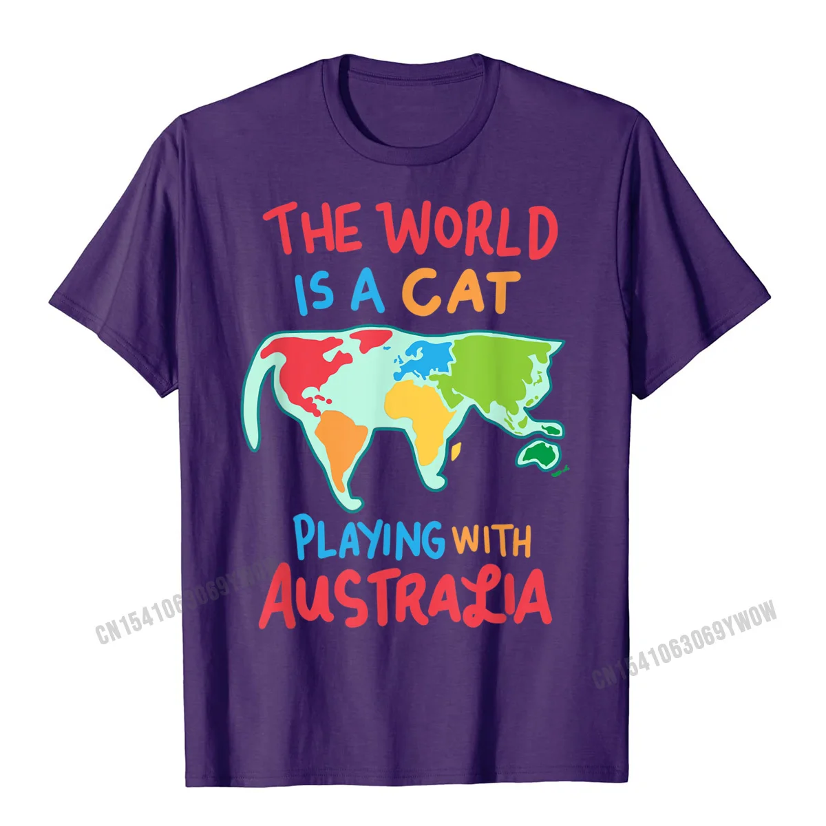 Personalized Casual Tops Tees Short Sleeve for Male Pure Cotton Lovers Day O-Neck T Shirts Summer Tees On Sale The World Is A Cat Playing With Australia T-Shirt__1010 purple