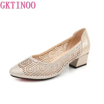 

GKTINOO 2020 New Summer Fashion Pumps Cut-outs Women Crystal Casual Ladies Shoes High Heels Tenis Feminino Genuine Leather