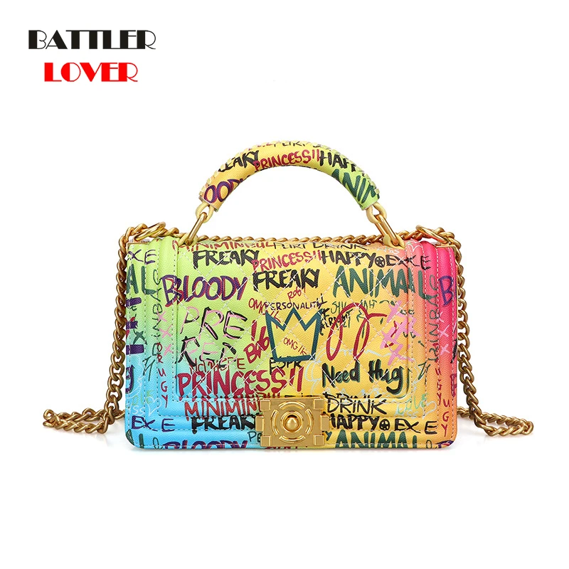Famous Brand Graffiti Handbag for Women 2020 Graffiti Printing Fashion Purse Chain Crossbody Bags Luxury Messenger Totes