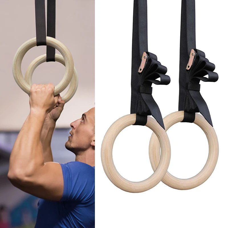 

28/32mm Professional Wood Gymnastic Rings Gym Exercise Sport Pull Ups Muscle Ups Adjustable Long Buckles Straps Workout