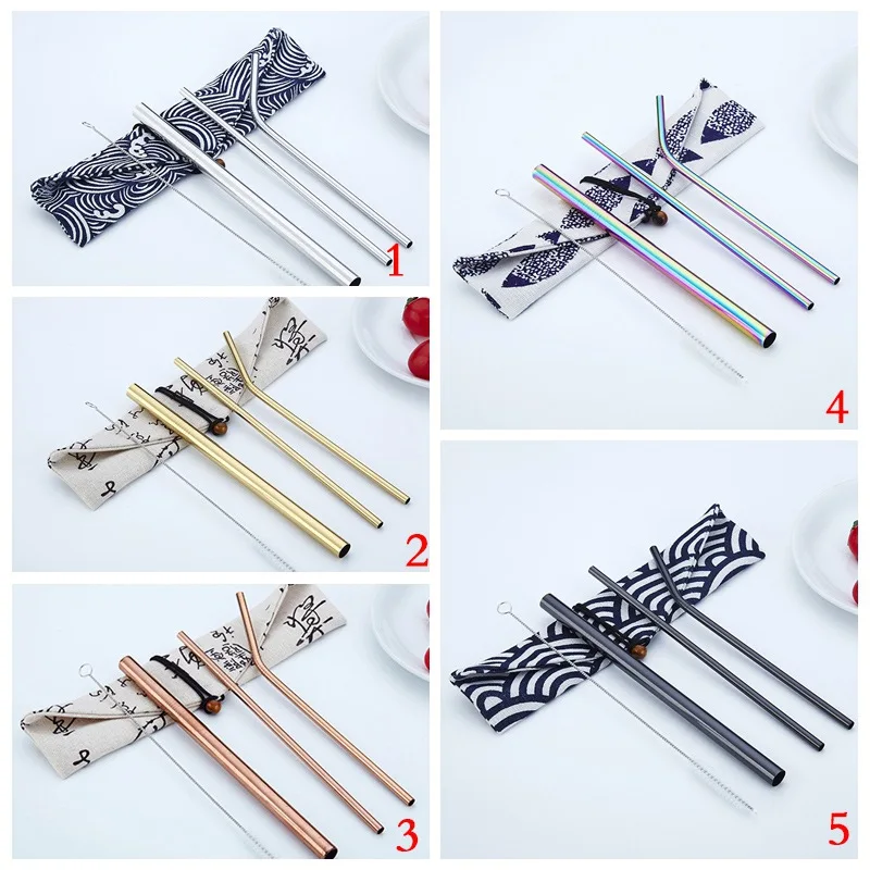 4pcs/Set Reusable 304 Stainless Steel Straw Barware Metal Drinking Straight Straws with Brush Bag Travel Outdoor Bar Accessories
