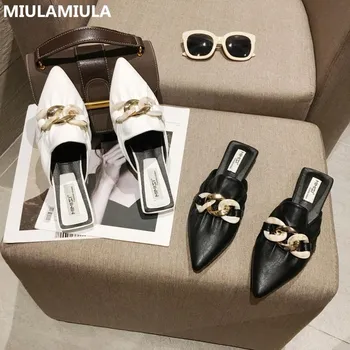 

MIULAMIULA Brand Designers 2020 Summer New Luxury Metal Chain Pointed Toe Flat Leather Slippers Slip On Loafers Mules Flip Flops