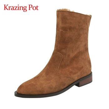 

Krazing pot new vintage British style sheep suede round toe low heel comfortable Chelsea boots winter keep warm ankle boots L56