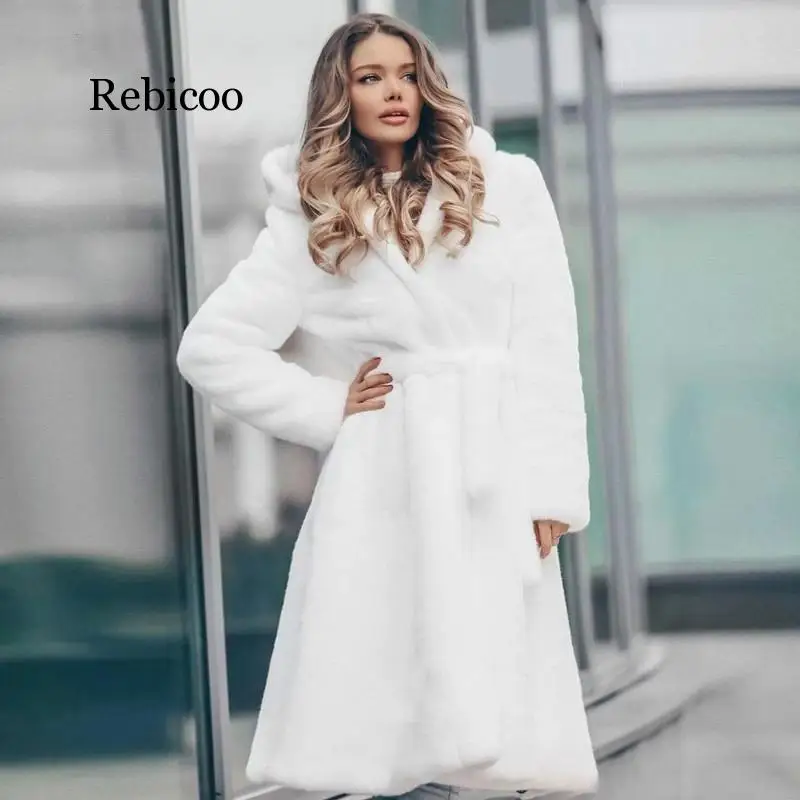 New Womens White Genuine Real Rex Rabbit Fur long Winter Hooded Coat For Female Fashion Luxury Natural Fur Jacket