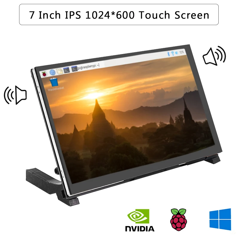 7-дюймовый сенсорный экран IPS LCD 1024x600 емкостный + 2 динамика с держателем для Raspberry Pi